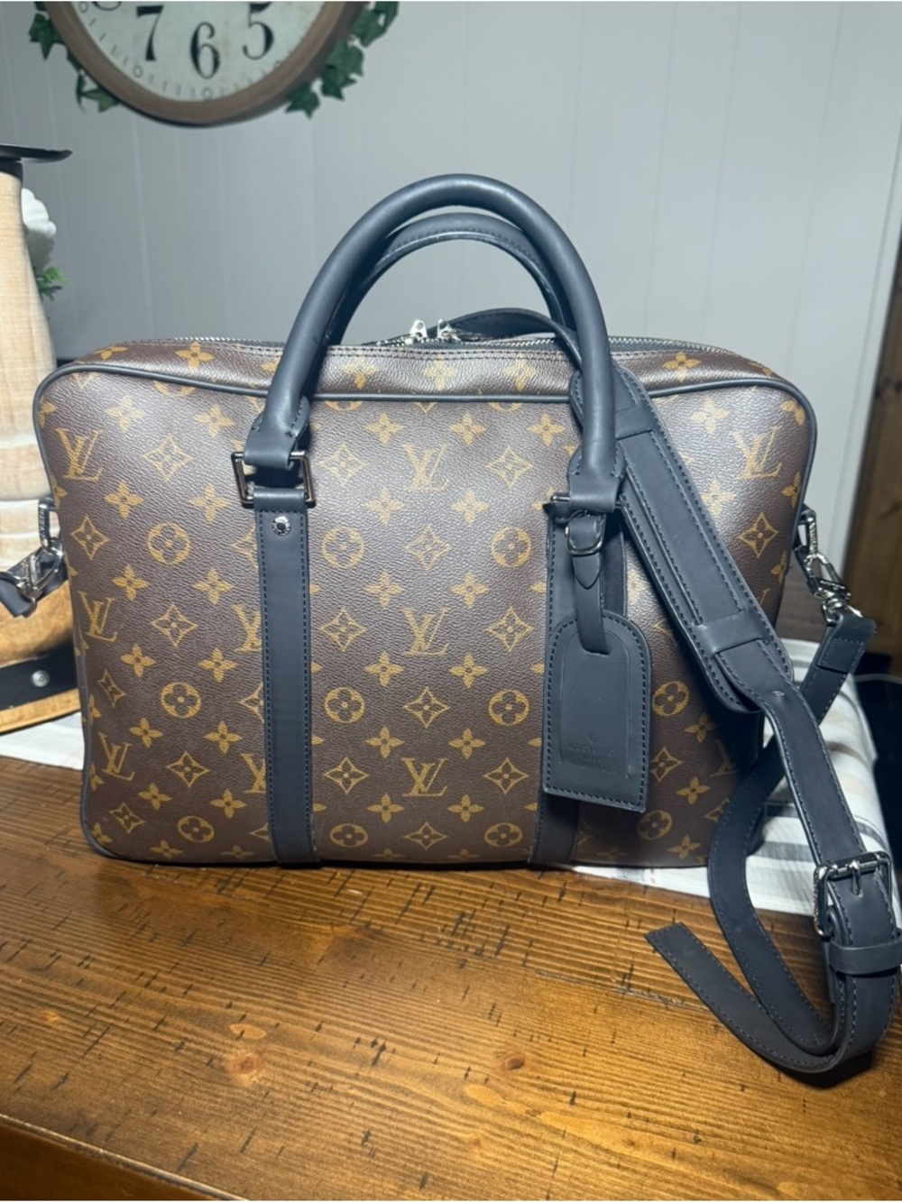 Luxury Monogram Canvas Laptop Briefcase in Brown with Black Trim